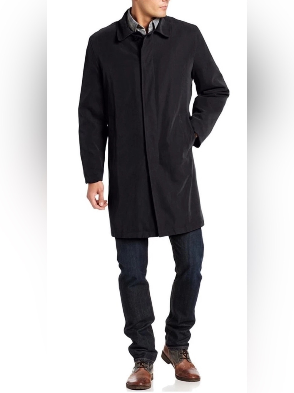 London Fog Mens Black All Weather Car Coat 38R Wool Blend Zip Out Liner & Collar